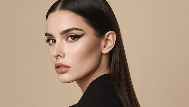 Sleek fashion portrait with bold winged eyeliner, flawless skin, straight hair, black blazer