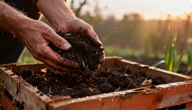 Hands sifting rich compost into wooden planter at golden hour with bees