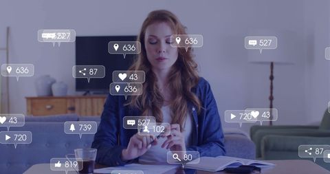 Caucasian woman engaged in virtual communication surrounded by media icons