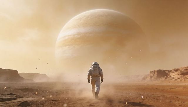 Astronaut walking across alien desert toward massive gas giant, solitary space explorer