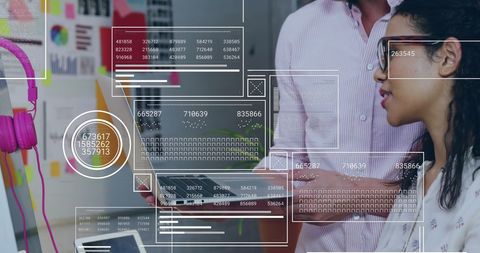 Diverse Business Professionals Analyzing Financial Data Overlay