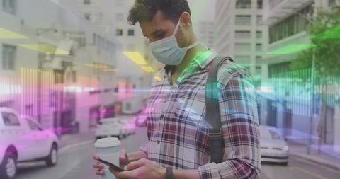 Masked commuter checking smartphone on urban street with neon data overlay
