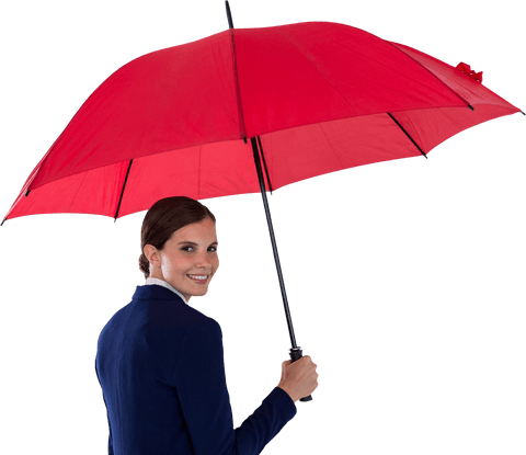 Confident businesswoman with red umbrella transparent background