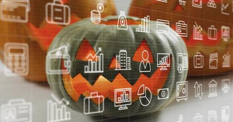 Glowing jack-o'-lantern emitting warm light with finance icon overlay for halloween business concept