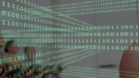 Indoor cycling class pedaling while binary data overlay visualizing fitness metrics