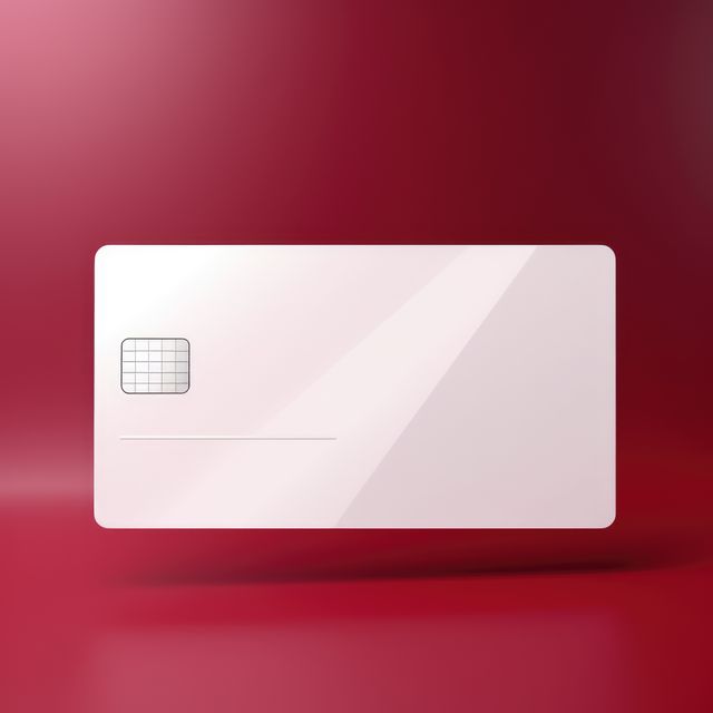 Blank white credit card with microchip on red, copy space, created using generative ai technology. Emv chip, banking, spending, technology and finance mock up concept digitally generated image.