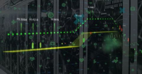 Digital Interface Over Server Room with Financial Graphs - Download Free Stock Images Pikwizard.com