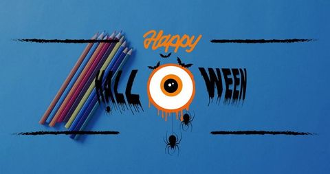 Creative halloween graphic with spooky eyeball on blue backdrop
