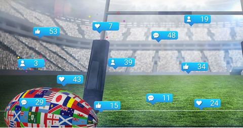 Rugby Ball with Flags and Social Icons in Stadium