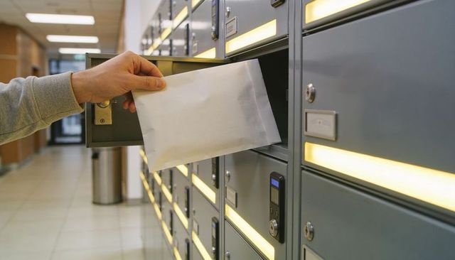 Placing white envelope into modern lobby mailbox locker with electronic keypad