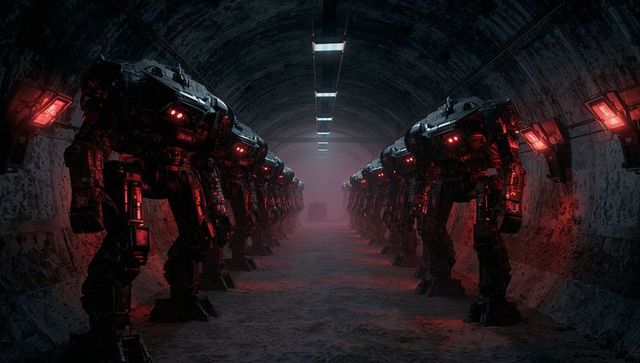 Futuristic combat robots marching in underground tunnel