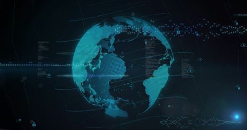 Rotating Dotted Globe Emitting Cybersecurity Data Streams and Cloud Lock Icons