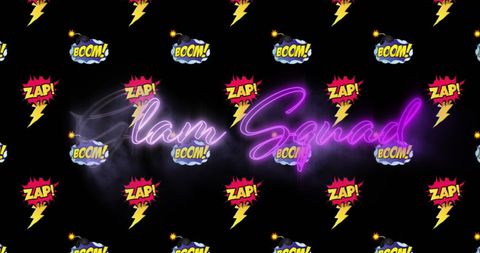 Glam squad neon text on comic-themed retro background