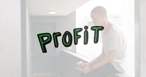 Bald man seated on balcony railing with 'profit' overlay