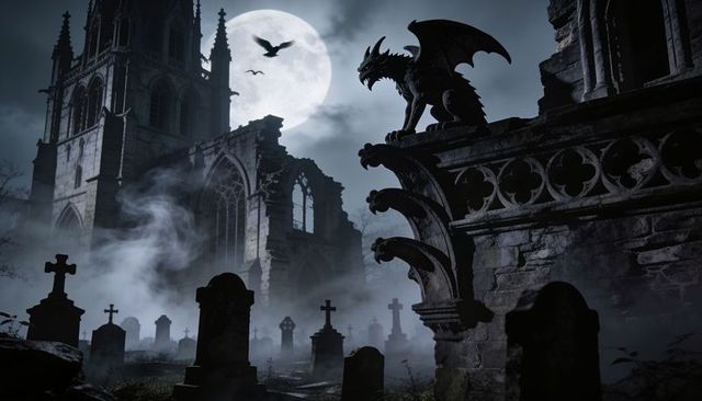 Gothic cemetery at night with perching gargoyle, full moon, mist, cathedral ruins