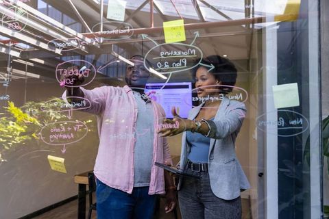 Team Collaboration Discussion on Flowcharts in a Modern Office