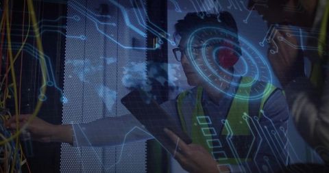 It technicians working on server rack with holographic technology overlay