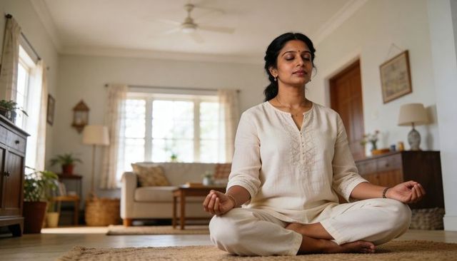 Meditating woman practicing mindfulness on woven rug in sunlit minimalist living room