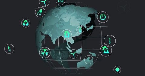 Neon green energy icons on globe with grid lines dark digital dashboard asia-pacific