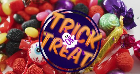 Colorful Halloween Candy Assortment with Trick or Treat Text