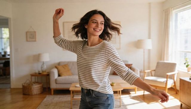 Woman spinning and smiling in sunlit living room wearing striped top and jeans