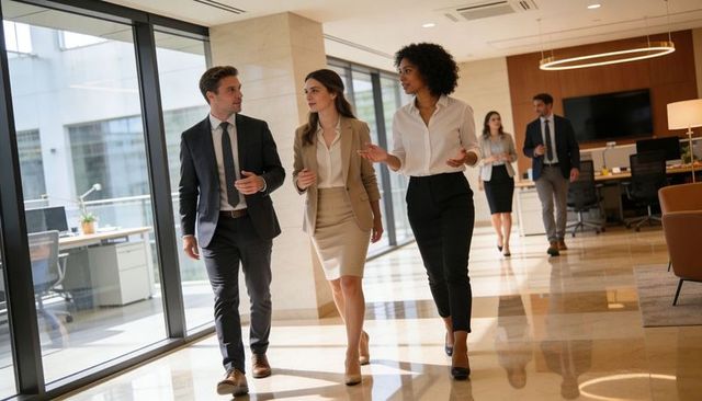 Corporate team walking and conversing in bright office lobby promoting team collaboration
