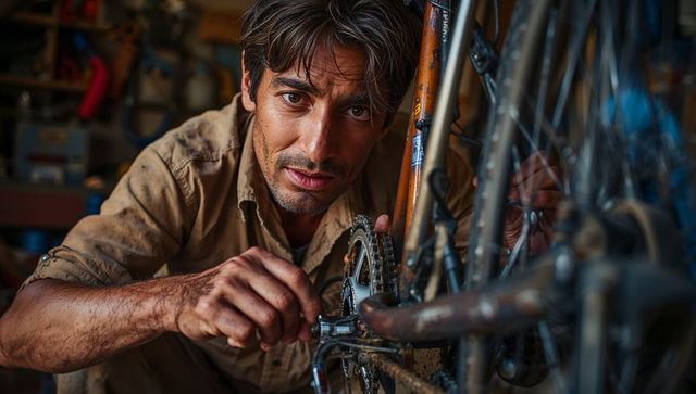 Focused bicycle mechanic repairing vintage crankset and drivetrain in workshop close-up portrait