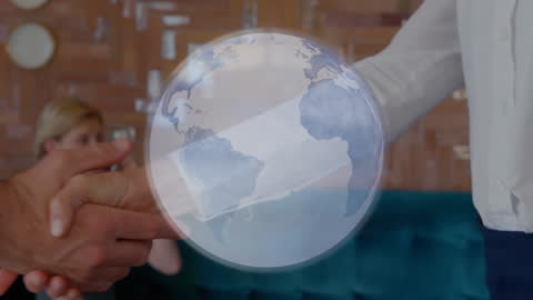 Global Business Partnership Handshake with Spinning Globe Icon