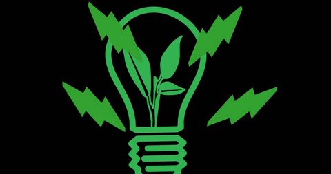 Green energy concept: leaf inside light bulb with energy pulses