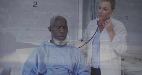 Clinician listening with stethoscope to senior patient, clinic exam with waterfront overlay