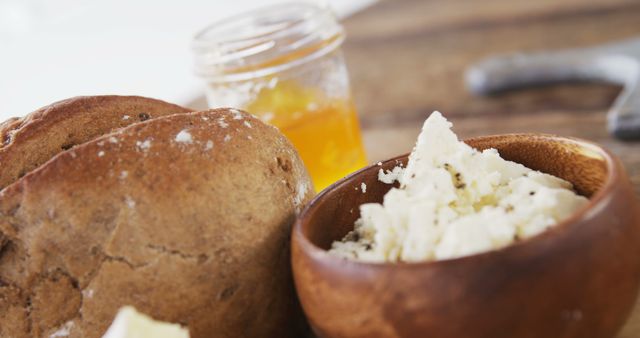 Rustic Bread and Cottage Cheese Breakfast with Honey Jar - Download Free Stock Images Pikwizard.com