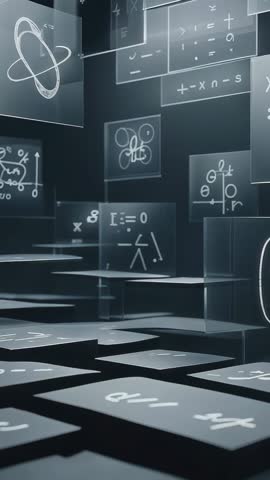 Vertical Futuristic Sequence Showing Floating Mathematical Panels and Scientific Symbols