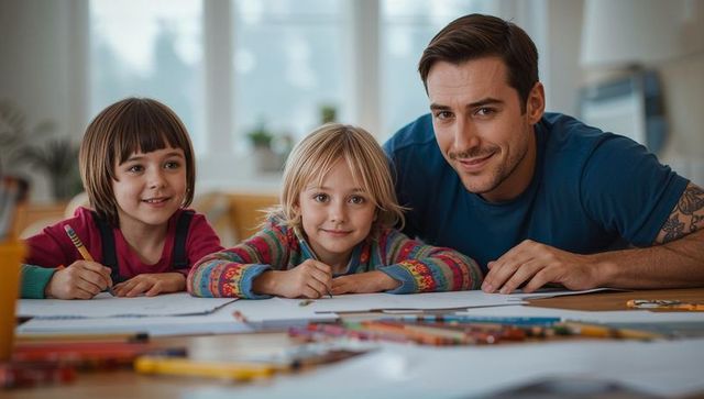 Father Guiding Daughters in Creative Home Art Session