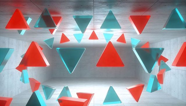 Floating red and teal triangular solids hovering in concrete gallery light reflections