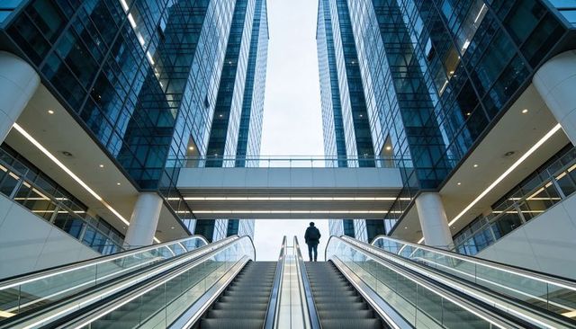 Commuter ascending central escalator in glass skyscraper atrium with skybridge symmetry