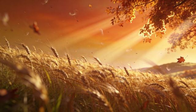 Swaying golden wheat meadow at sunset with backlit autumn leaves and sunbeams, warm glow