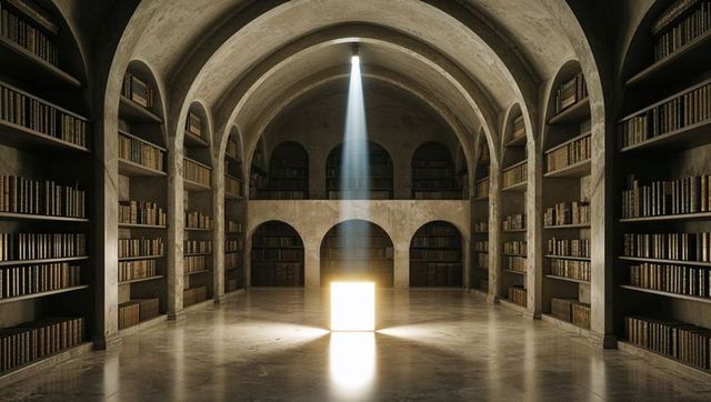 Glow cube illuminating grand library hall with arched vaults