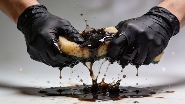 Black gloved hands squeezing oil soaked sponge, dark viscous liquid splattering closeup