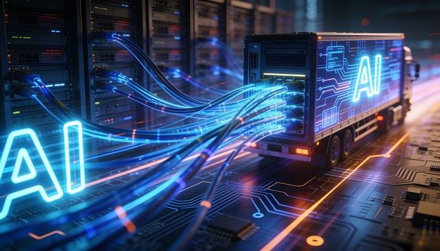 Ai data truck connecting to high-speed server racks with neon fiber streams