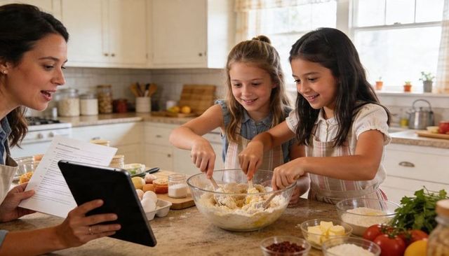 Two girls mixing batter while parent following recipe on tablet in sunlit home kitchen
