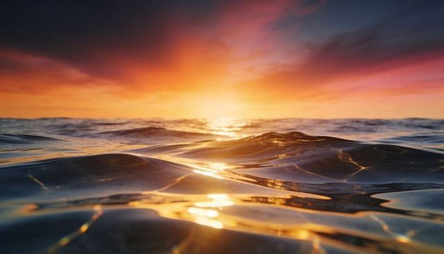 Sunset ocean surface rippling with golden reflections, glowing horizon and calm waves