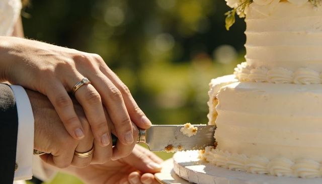 Couple cutting tiered wedding cake closeup with rings and serrated knife in garden natural light