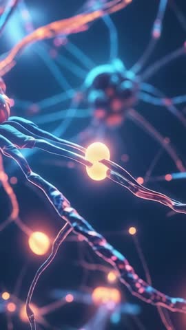 Glowing synapses transmitting signals in vertical neural network animation