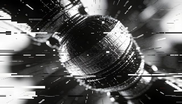 Spinning metallic threaded cylinder with glitch streaks, monochrome macro technology