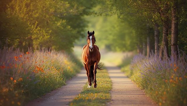 Horse Walking Along Country Lane Surrounded by Wildflowers