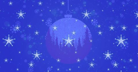 Blue Snowflakes Falling Over Christmas Bauble and Fir Trees
