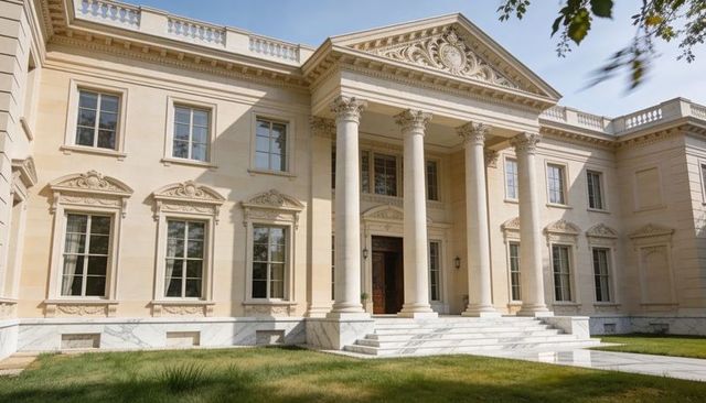 Showcasing grand neoclassical mansion with corinthian portico and marble steps