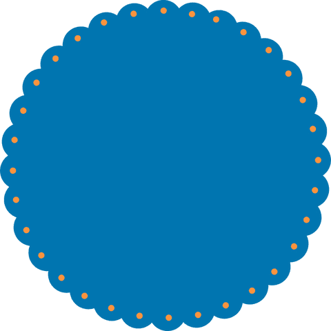 Blue scalloped-edge badge with orange dots on transparent background