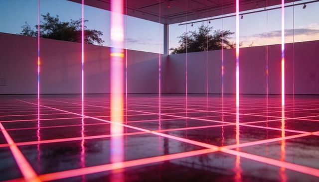 Glowing neon grid floor creating immersive magenta installation in minimalist gallery