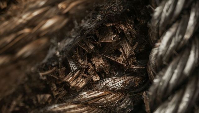 Macro revealing frayed hemp and sisal rope with splintered fibers and dusty texture